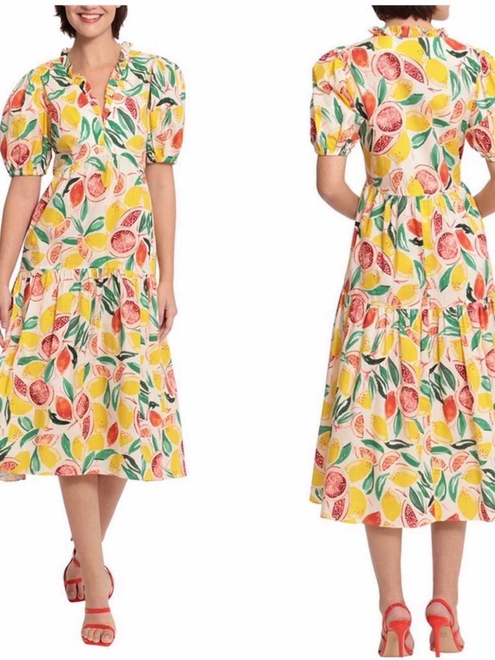 Donna Morgan Fruit-Print Puff Sleeve Midi Dress - Yellow Multi